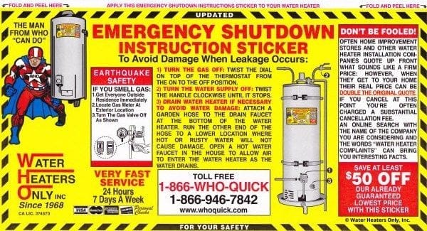 Yellow Water Heaters Only, Inc. sticker 2000